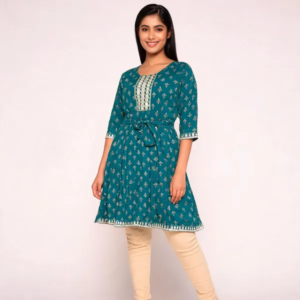 Teal_Rayon_Flared_Printed_Ghera_Kurti_For_Women