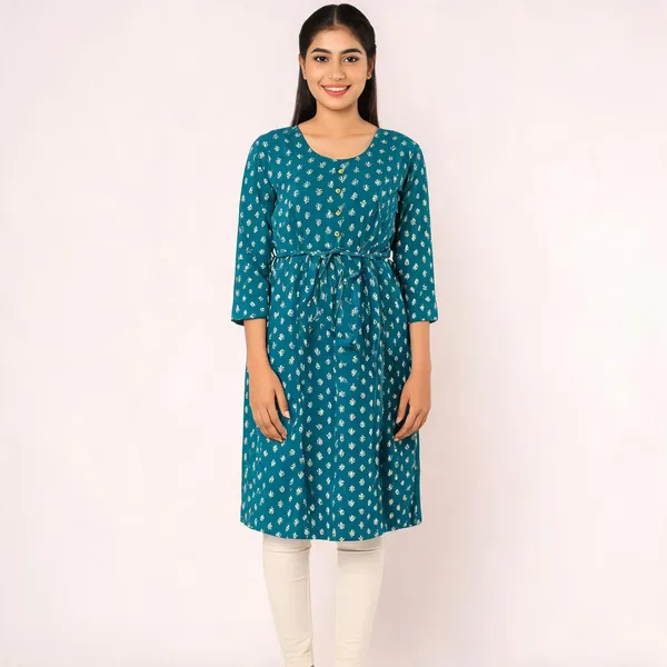 Teal_Rayon_Fit_And_Flare_Baby_Feeding_Kurti_For_Women