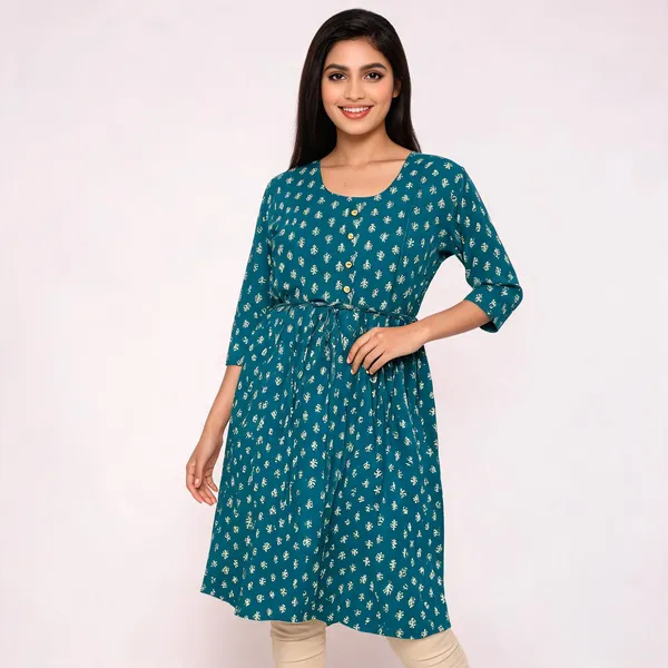 Teal_Rayon_Fit_And_Flare_Baby_Feeding_Kurti_For_Women