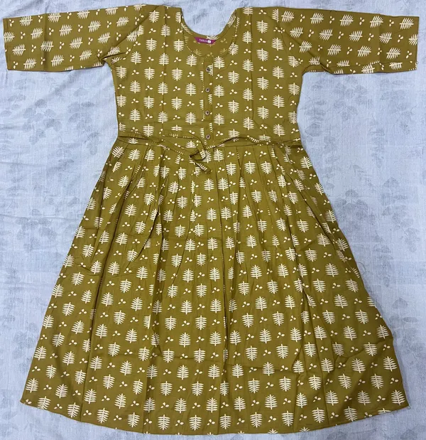 Olive_Green_Two_Tone_Rayon_Flared_Printed_Kurti_For_Women