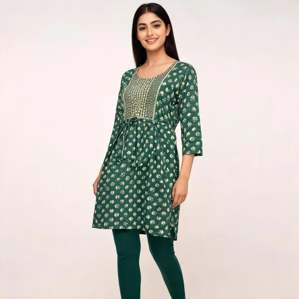 Green_Rayon_Gathered_Baby_Feeding_Kurti_For_Women