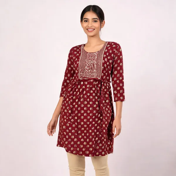 Maroon_Rayon_Gathered_Printed_Kurti_For_Women