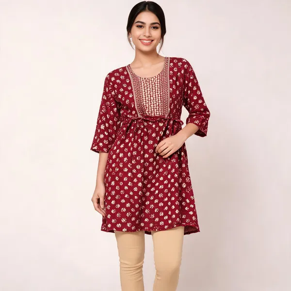 Maroon_Rayon_Gathered_Printed_Kurti_For_Women
