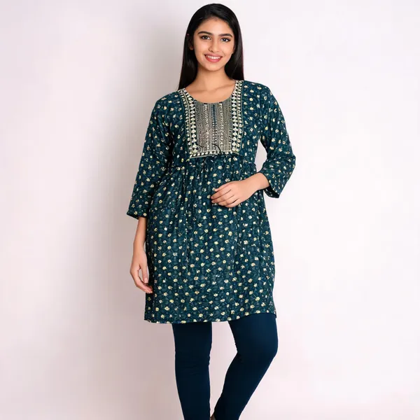 Dark_Green_Rayon_Gathered_Floral_Print_Feeding_Kurti_For_Women