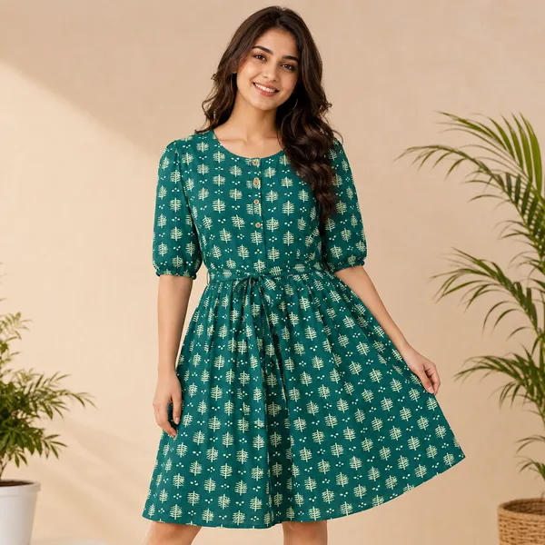 Green_Rayon_Flared_Two_Tone_Printed_Ghera_Kurti_For_Women