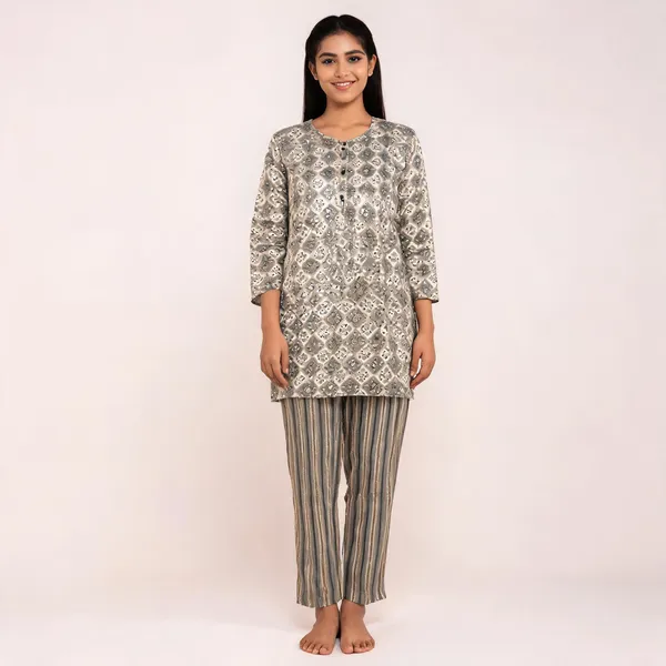 Light_Grey_Rayon_Foil_Printed_Kurti_And_Bottom_Set_For_Women