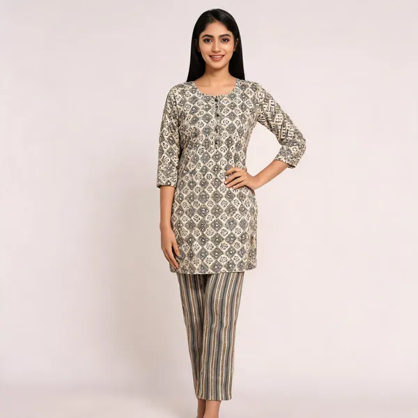 Light_Grey_Rayon_Foil_Printed_Kurti_And_Bottom_Set_For_Women