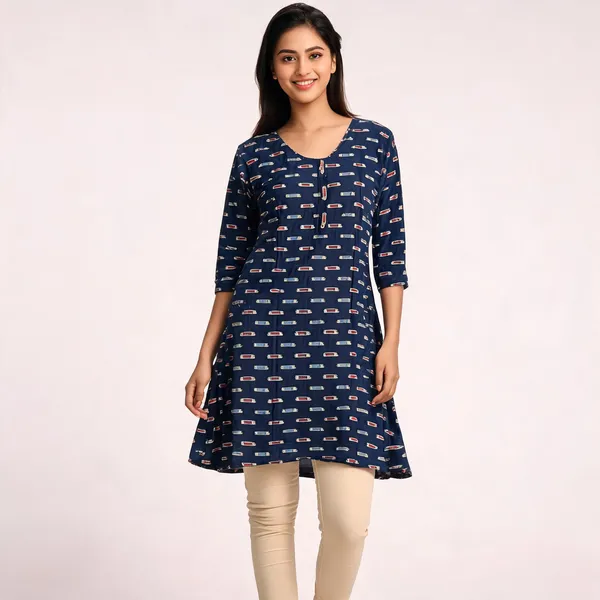 Navy_Rayon_Flared_Printed_Ghera_Kurti_For_Women