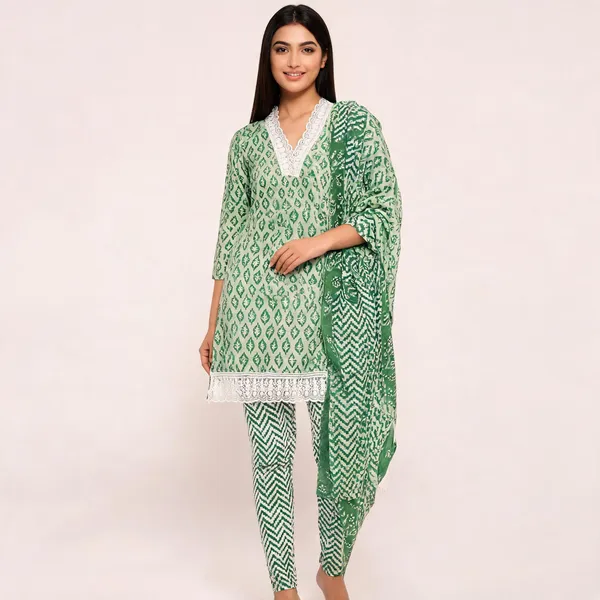 Green_Cotton_Printed_Straight_Kurta_With_Bottom_&_Dupatta_For_Women