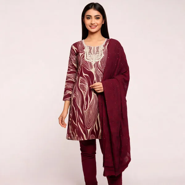 Maroon_Vatican_Embroidery_Kurti_With_Top_Bottom_&_Dupatta_For_Women
