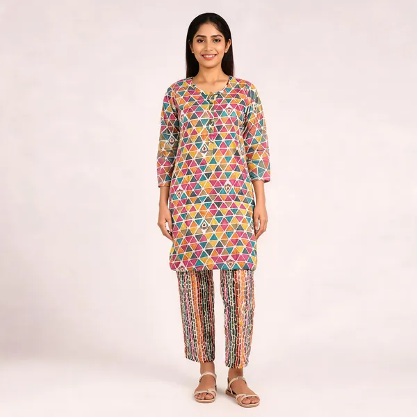 Multicolor_Rayon_Foil_Printed_Kurti_And_Bottom_Set_For_Women