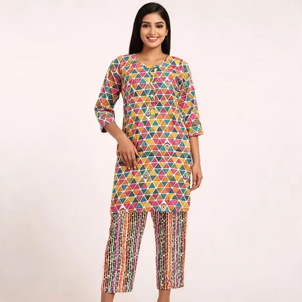 Multicolor_Rayon_Foil_Printed_Kurti_And_Bottom_Set_For_Women