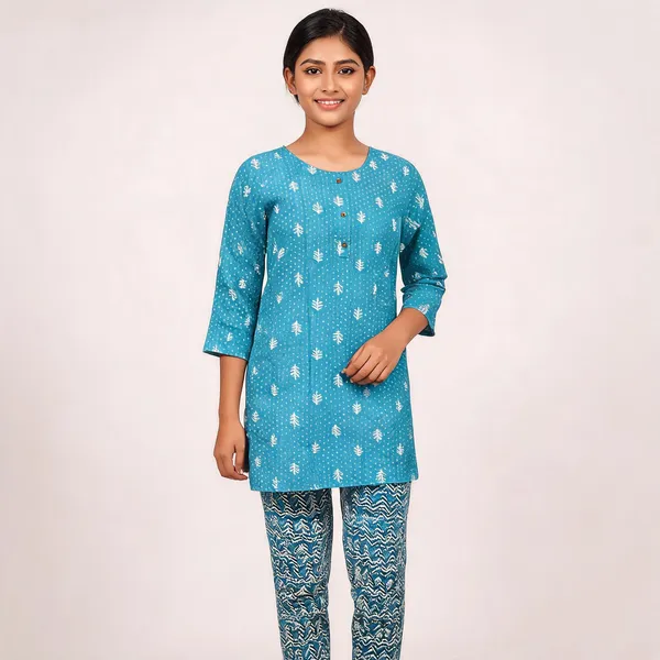 Teal_Rayon_Printed_Top_&_Bottom_2_Pc_Set_For_Women