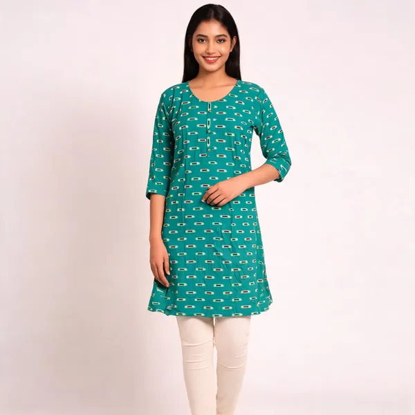 Teal_Rayon_Relaxed_Printed_Ghera_Kurti_For_Women