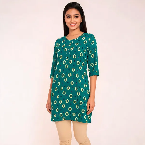 Teal_Rayon_Short_Sleeve_Printed_Ghera_Kurti_For_Women