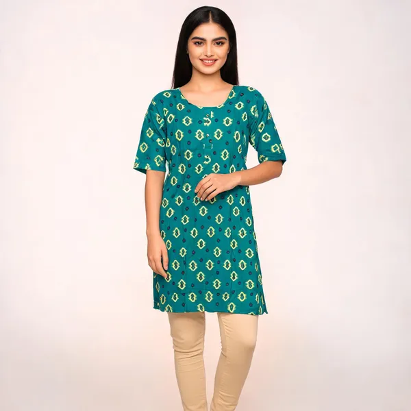 Teal_Rayon_Short_Sleeve_Printed_Ghera_Kurti_For_Women
