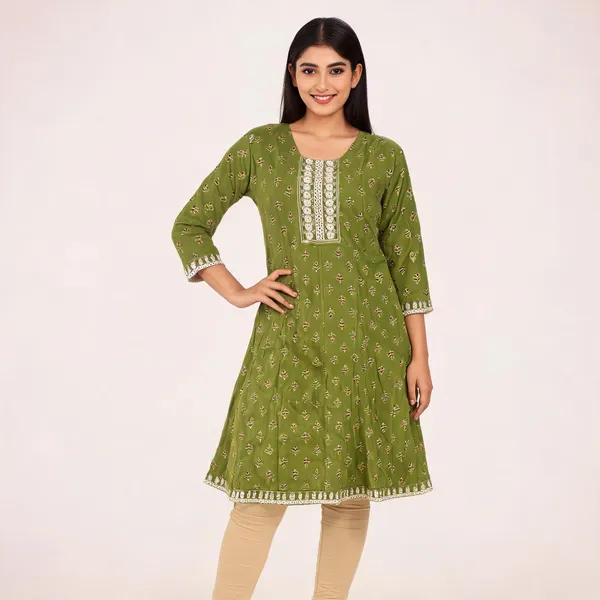 Olive_Green_Rayon_Flared_Printed_Kurti_For_Women