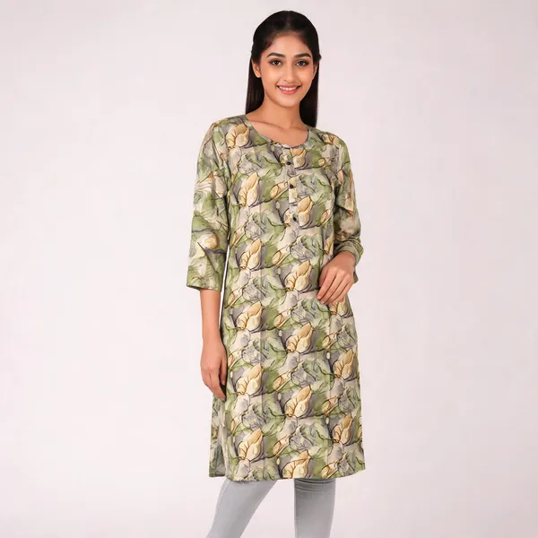 Green_Rayon_Straight_Leaf_Foil_Printed_Kurti_For_Women