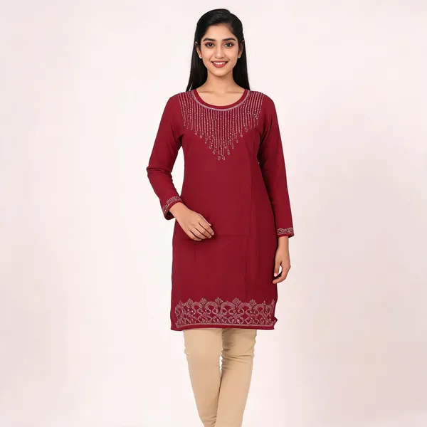 Maroon_Rayon_Straight_Full_Sleeve_Kurti_For_Women