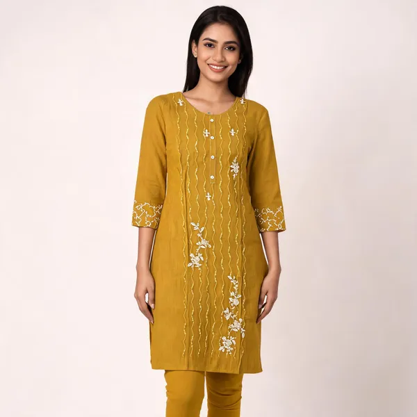 Mustard_Rayon_Straight_Embroidered_Kurti_Top_And_Bottom_For_Women