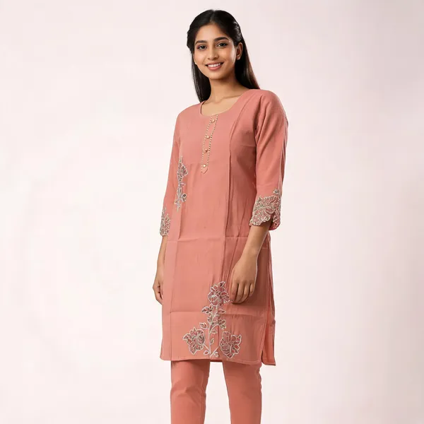 Peach_Roman_Straight_Printed_Kurti_For_Women
