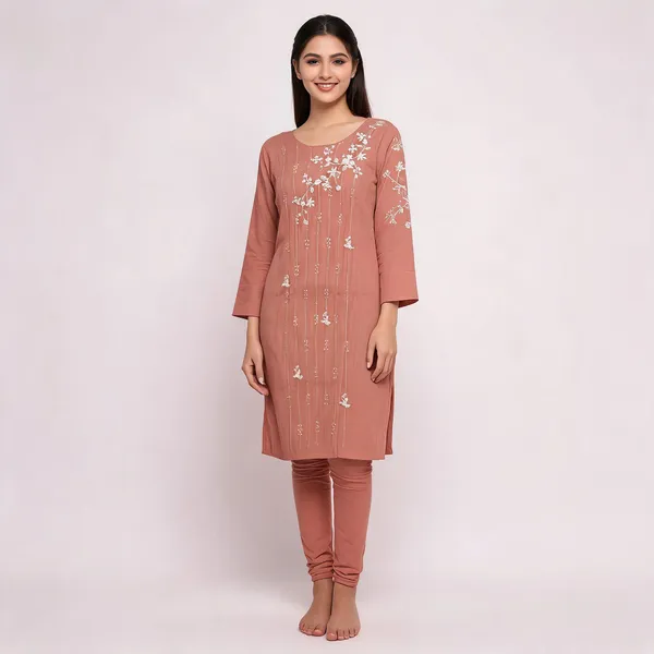 Peach_Rayon_Straight_Embroidered_Kurti_And_Bottom_Set_For_Women