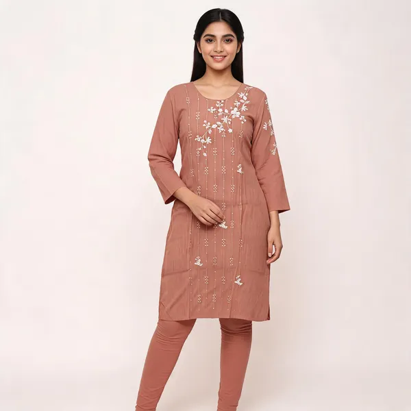 Peach_Rayon_Straight_Embroidered_Kurti_And_Bottom_Set_For_Women