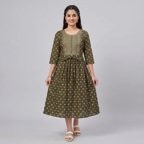 Olive_Green_Rayon_A-Line_Printed_Feeding_Kurti_For_Women