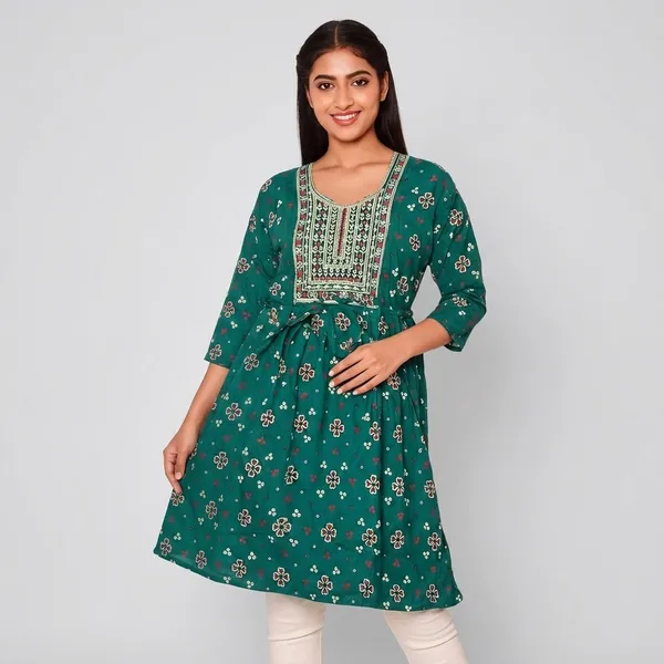 Green_Rayon_Floral_Gathered_Baby_Feeding_Kurti_For_Women