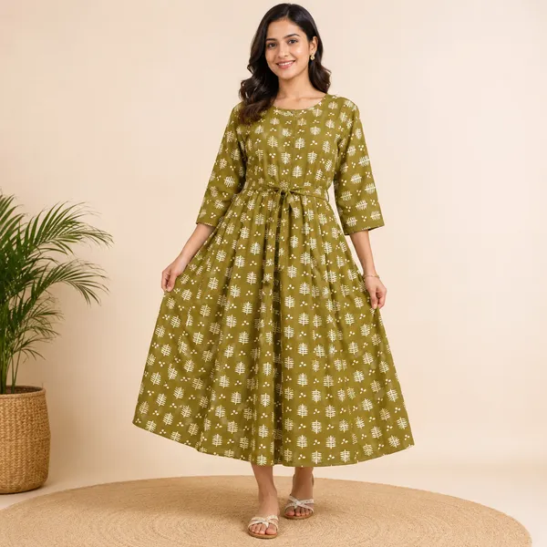 Olive_Green_Two_Tone_Rayon_Flared_Printed_Kurti_For_Women