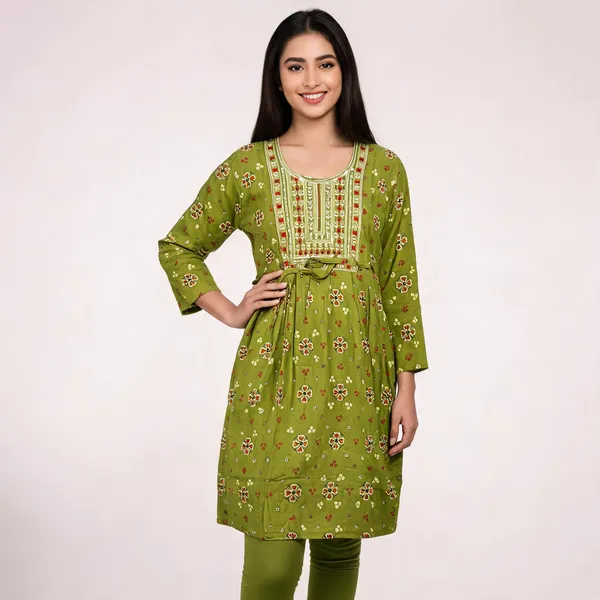 Green_Rayon_Floral_Embroidered_Frock_Kurti_For_Women