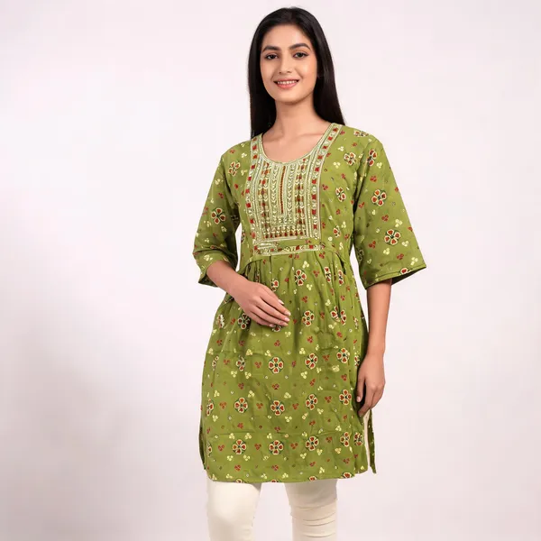 Green_Rayon_Floral_Embroidered_Frock_Kurti_For_Women
