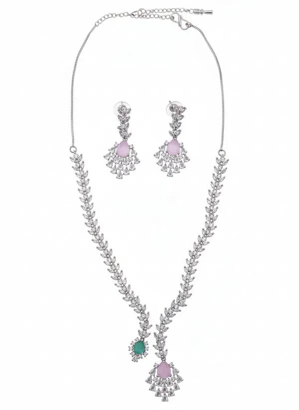 Elegant_Dual-Tone_Pink_And_Emerald_American_Diamond_Necklace_Set_|_Premium_Festive_And_Party_Wear_Jewelry_For_Women