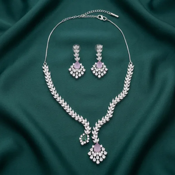 Elegant_Dual-Tone_Pink_And_Emerald_American_Diamond_Necklace_Set_|_Premium_Festive_And_Party_Wear_Jewelry_For_Women