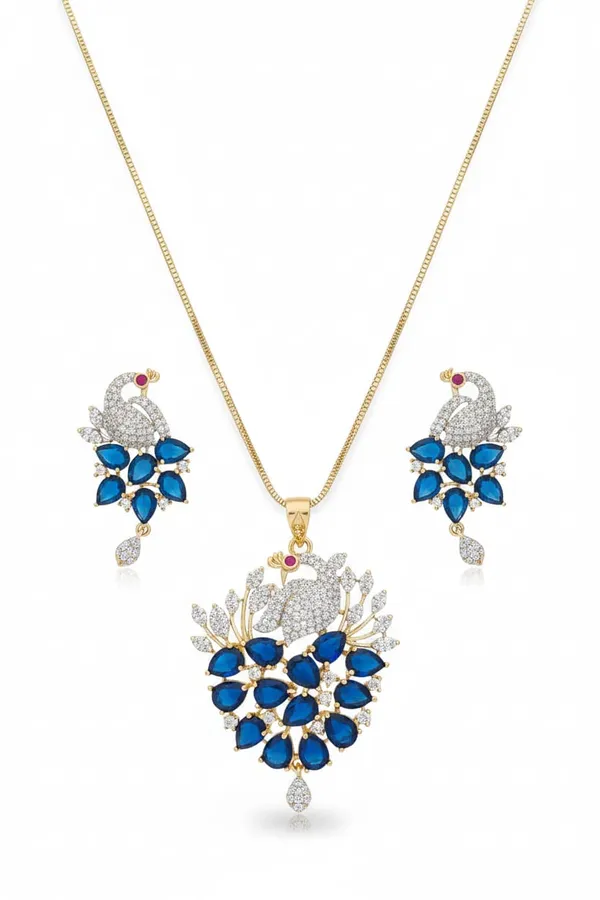 Elegant_Peacock_Design_Necklace_Set_With_Royal_Blue_Stones_And_American_Diamonds_|_Elegant_Pendant_Set_With_Matching_Earrings_For_Women