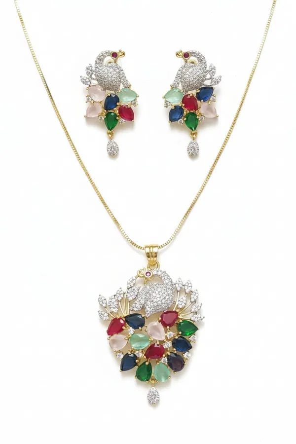 Elegant_Peacock_Design_Necklace_Set_With_Multicolor_Stones_And_American_Diamonds_|_Elegant_Pendant_Set_With_Matching_Earrings_For_Women