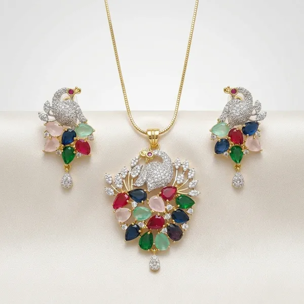 Elegant_Peacock_Design_Necklace_Set_With_Multicolor_Stones_And_American_Diamonds_|_Elegant_Pendant_Set_With_Matching_Earrings_For_Women