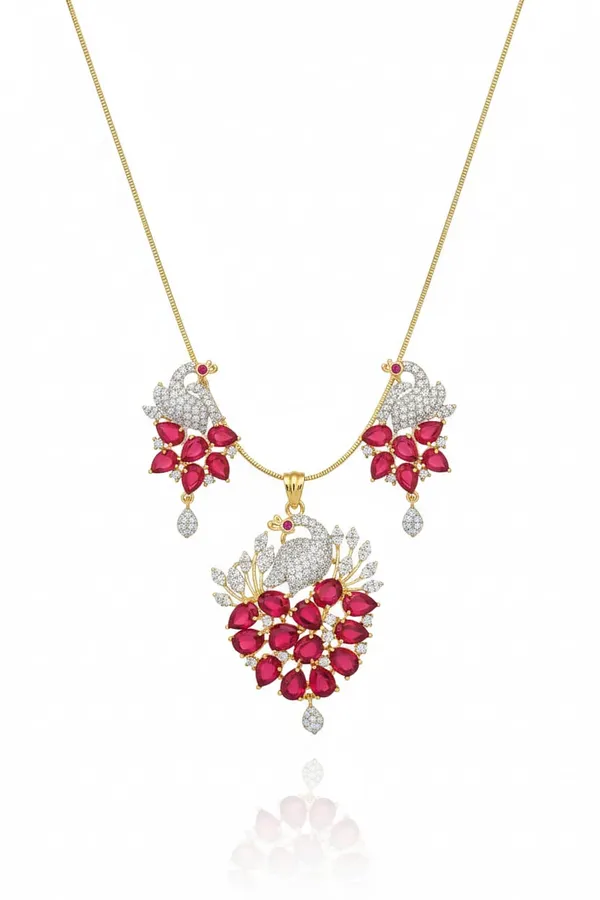 Elegant_Peacock_Design_Necklace_Set_With_Ruby_Red_Stones_And_American_Diamonds_|_Elegant_Pendant_Set_With_Matching_Earrings_For_Women