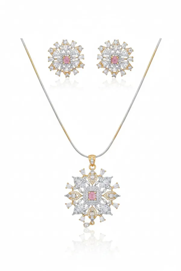 Premium_Sunburst_Pendant_Set_With_Pink_Crystal_|_Luxury_American_Diamond_Necklace_And_Earring_Jewelry_For_Wedding,_Party_And_Festive_Wear