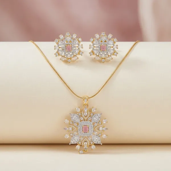Premium_Sunburst_Pendant_Set_With_Pink_Crystal_|_Luxury_American_Diamond_Necklace_And_Earring_Jewelry_For_Wedding,_Party_And_Festive_Wear
