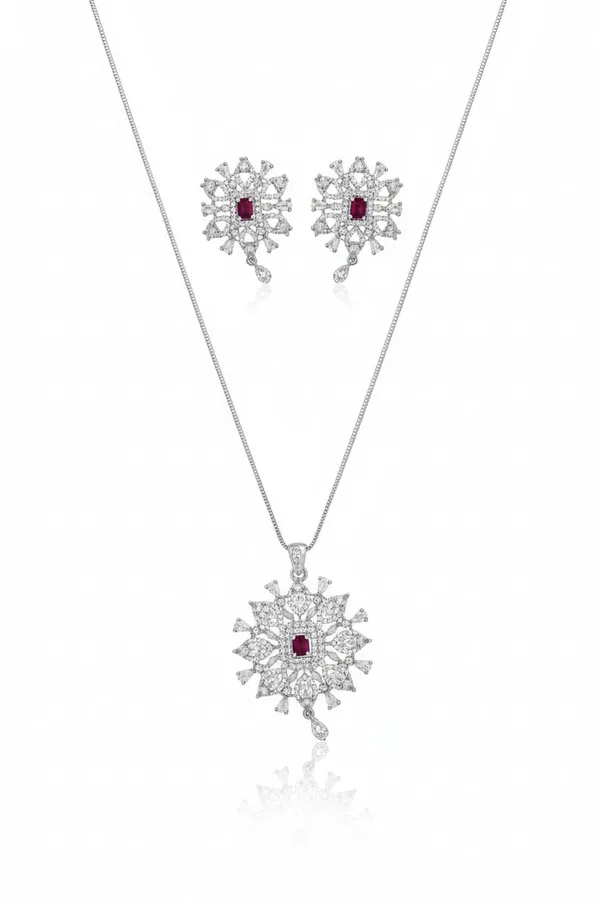Ruby_Snowflake_Pendant_Set_For_Women_|_Luxury_Red_Crystal_Necklace_And_Earrings_Set_|_Silver-Tone_Wedding,_Party,_Festive_And_Bridal_Jewelry