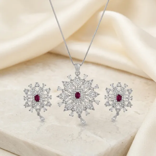 Ruby_Snowflake_Pendant_Set_For_Women_|_Luxury_Red_Crystal_Necklace_And_Earrings_Set_|_Silver-Tone_Wedding,_Party,_Festive_And_Bridal_Jewelry