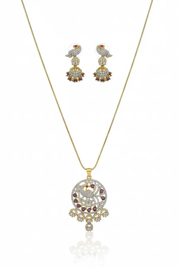 Elegant_Peacock_Design_Pendant_Necklace_Set_With_Crystal_Studded_Earrings_For_Women_|_Traditional_And_Party_Wear_Jewelry_Set