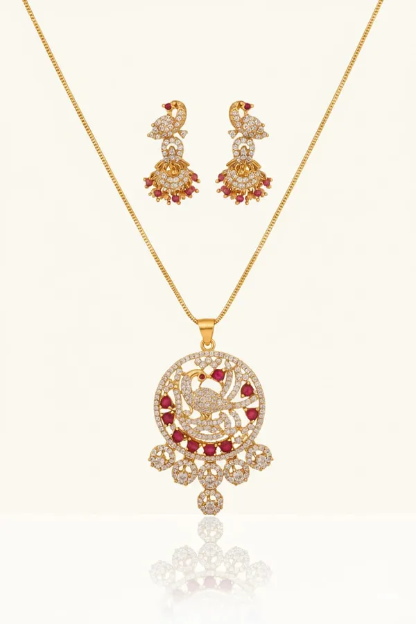 Elegant_Peacock_Design_Pendant_Necklace_Set_With_Crystal_Studded_Earrings_For_Women_|_Traditional_And_Party_Wear_Jewelry_Set
