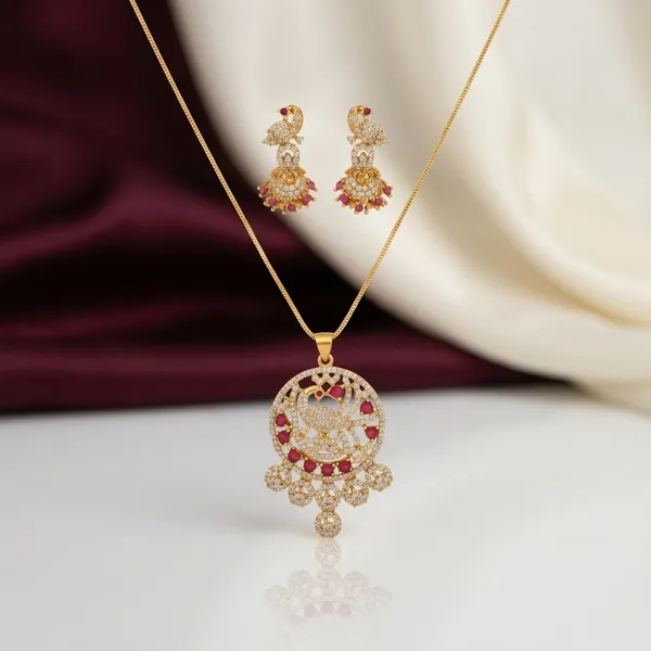 Elegant_Peacock_Design_Pendant_Necklace_Set_With_Crystal_Studded_Earrings_For_Women_|_Traditional_And_Party_Wear_Jewelry_Set