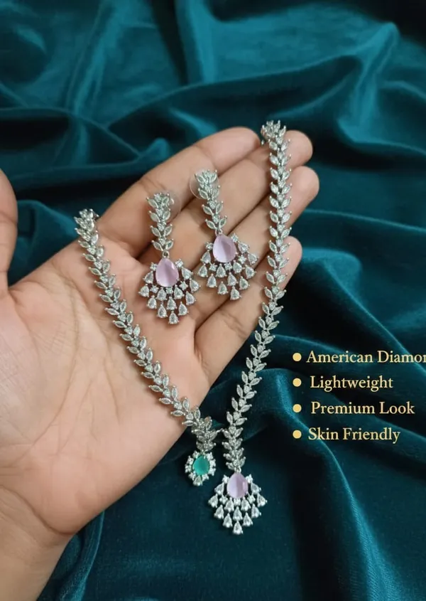Elegant_Dual-Tone_Pink_And_Emerald_American_Diamond_Necklace_Set_|_Premium_Festive_And_Party_Wear_Jewelry_For_Women
