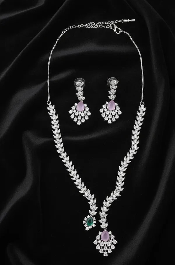 Elegant_Dual-Tone_Pink_And_Emerald_American_Diamond_Necklace_Set_|_Premium_Festive_And_Party_Wear_Jewelry_For_Women