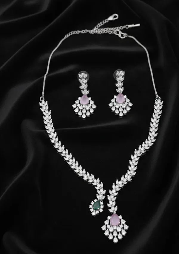 Elegant_Dual-Tone_Pink_And_Emerald_American_Diamond_Necklace_Set_|_Premium_Festive_And_Party_Wear_Jewelry_For_Women
