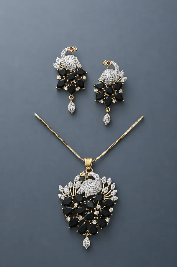 Elegant_Peacock_Design_Necklace_Set_With_Black_Stones_And_American_Diamonds_|_Elegant_Pendant_Set_With_Matching_Earrings_For_Women