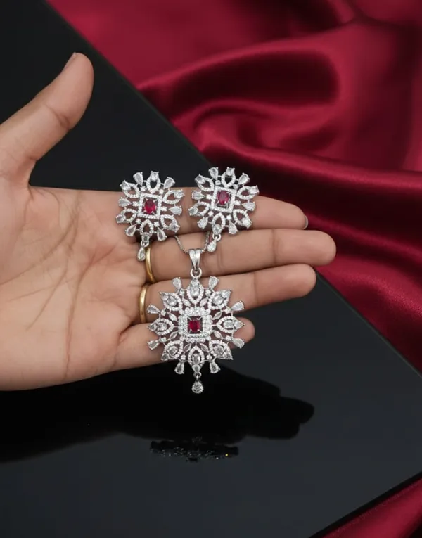 Ruby_Snowflake_Pendant_Set_For_Women_|_Luxury_Red_Crystal_Necklace_And_Earrings_Set_|_Silver-Tone_Wedding,_Party,_Festive_And_Bridal_Jewelry